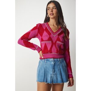 Happiness İstanbul Women's Fuchsia Red Diamond Patterned Knitwear with Pockets Sweater