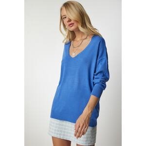 Happiness İstanbul Women's Sky Blue V-Neck Thin Knitwear Sweater