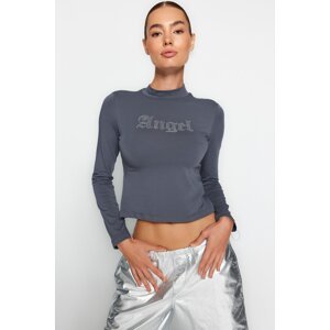 Trendyol Anthracite Stones Slogan Printed Cotton Stretch Flexible Stand-up Collar Fitted/Skinned Knit Blouse