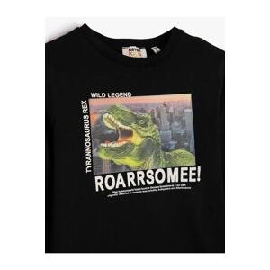 Koton Boys' Dinosaur T-Shirt Hologram Detail Long Sleeve Crew Neck Cotton BLACK