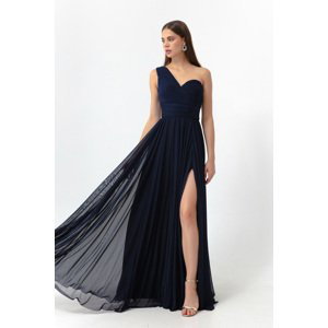 Lafaba Women's Navy Blue One-Shoulder Slit Long Evening Dress