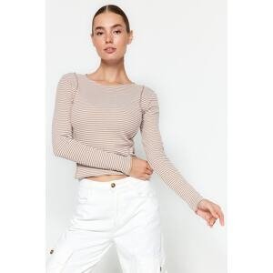 Trendyol Camel Stripe Ribbed Ribbons Fitted/Slippery Knitted Blouse