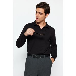 Trendyol Men's Black Regular Fit Polo Neck Openwork and Line Detailed Cotton Knitwear Sweater.