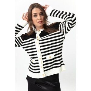 Lafaba Women's White Gold Buttons Striped Knitwear Cardigan