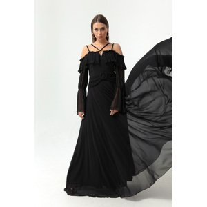 Lafaba Women's Black Strap Low Sleeve Chiffon Evening Dress