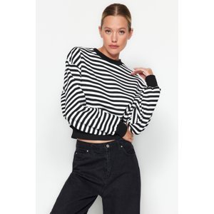 Trendyol Black Striped Casual Cut Crop Crew Neck Fleece Inside Knitted Sweatshirt
