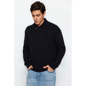 Trendyol Men's Navy Blue Regular Fit Shawl Collar Buttoned Knitwear Sweater.