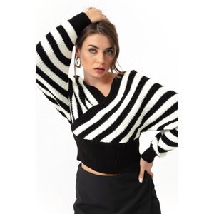 Lafaba Women's Black Double Breasted Neck Striped Knitwear Sweater