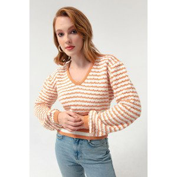 Lafaba Women's Salmon V-Neck Exterior Pattern Knitwear Sweater