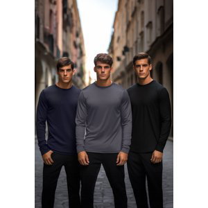 Trendyol Black-Navy Blue-Anthracite Men's Regular/Normal Fit Crew Neck Long Sleeve 3-Pack Basic T-Shirt