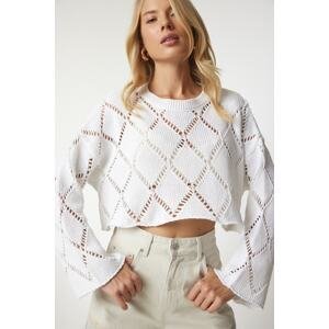 Happiness İstanbul Women's White Spanish Sleeve Openwork Crop Knitwear Sweater