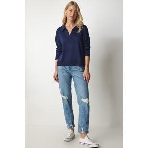 Happiness İstanbul Women's Navy Blue Polo Collar Basic Sweater