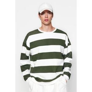 Trendyol Green Unisex Oversize Crew Neck Striped Sweatshirt with a Soft Pile Inside Cotton.