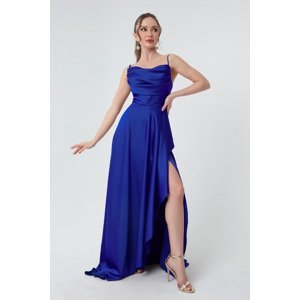 Lafaba Women's Sax Evening Dress & Prom Dress with Ruffles and Slits in Satin.