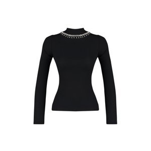 Trendyol Black Necklace Accessory Stand Collar Corduroy Fitted Long Sleeve Knitted Blouse