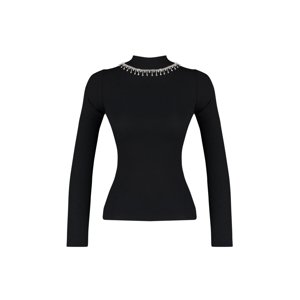 Trendyol Black Necklace Accessory Stand Collar Corduroy Fitted Long Sleeve Knitted Blouse