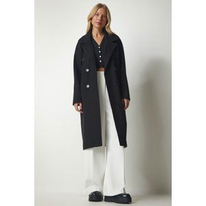 Happiness İstanbul Women's Black Double Breasted Collar Oversized Stamped Coat
