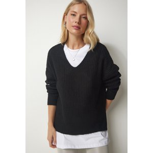Happiness İstanbul Women's Black V-Neck Textured Knitwear Sweater