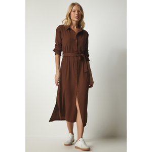 Happiness İstanbul Women's Brown Belted Long Shirt Dress