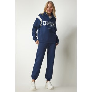 Happiness İstanbul Women's Navy Blue Zippered Collar Printed Raspberry Tracksuit Set