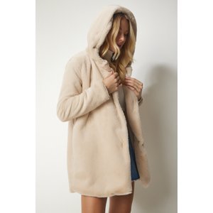 Happiness İstanbul Women's Beige Hooded Oversized Shearling Plush Coat