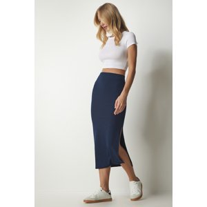 Happiness İstanbul Women's Navy Blue Slit Ribbed Knitted Pencil Skirt