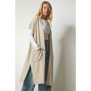 Happiness İstanbul Women's Beige Oversized Long Knitwear Vest with Pockets