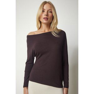 Happiness İstanbul Women's Dark Brown Boat Collar Knitwear Blouse