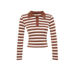 Trendyol Brown Striped Soft Fabric Fitted/Situated Polo Neck Flexible Knitted Blouse