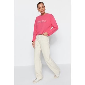 Trendyol Pink Embroidered Casual Fit Crop Biker Collar Thick Knitted Sweatshirt