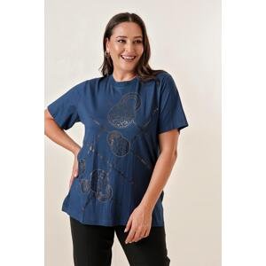 By Saygı Plus Size Blouse with Stone Print And Foil Short Sleeves On The Front