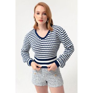 Lafaba Women's Navy Blue V-Neck Exterior Pattern Knitwear Sweater