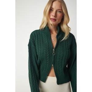 Happiness İstanbul Women's Emerald Green Zippered Knitting Pattern Sweater Cardigan