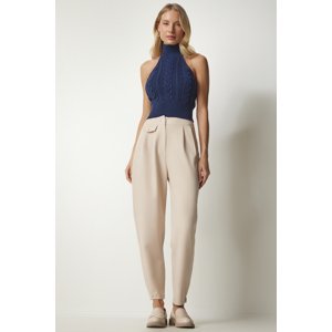 Happiness İstanbul Women's Cream Buttoned Stylish Woven Trousers