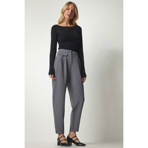 Happiness İstanbul Women's Gray Buttoned Stylish Woven Trousers