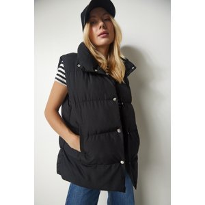 Happiness İstanbul Women's Black Oversized Inflatable Vest with Snap Snap closure