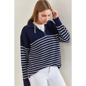 Bianco Lucci Women's Turtleneck Zippered Stripe Knitwear Sweater