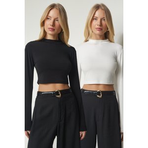 Happiness İstanbul Women's Black Ecru Stand Up Collar 2-Pack Sandy Crop Top