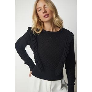 Happiness İstanbul Women's Black Openwork Frill Detailed Knitwear Sweater