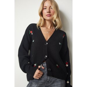 Happiness İstanbul Women's Black Floral Embroidered One Button Knitwear Cardigan