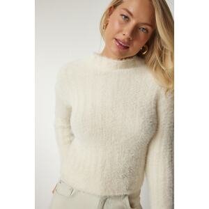 Happiness İstanbul Women's Cream Stand-Up Collar Bearded Knitwear Sweater