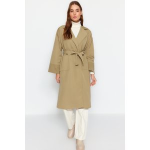 Trendyol Light Khaki Oversize Wide-Cut Long Sleeve Trench Coat with Pockets, Water-repellent Long Trench Coat