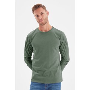 Trendyol Dark Green Men's Basic Regular/Regular Cut Long Sleeved 100% Cotton T-Shirt.