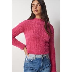 Štěstí İstanbul Dámský růžový vousatý pletený svetr s vysokým výstřihem