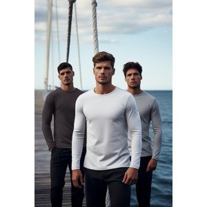 Trendyol Anthracite-Grey-White Men's Regular/Normal Cut Crew Neck Long Sleeve 3-Piece Basic Package T-Shirt