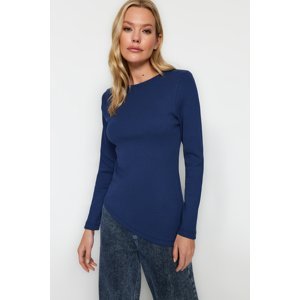 Trendyol Navy Blue More Sustainable Asymmetrical Detailed Corduroy Long Sleeve Stretch Knitted Blouse