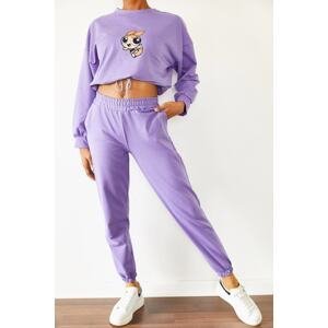 XHAN Women's Lilac Printed Tracksuit Set with Elastic Waist