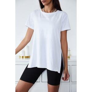 XHAN Women's White Basic Crew Neck Slit T-Shirt