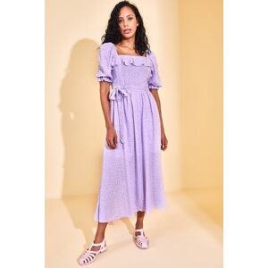 XHAN Women's Lilac Square Collar Patterned Dress