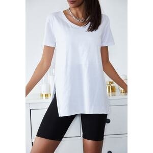 XHAN Women's White Basic V-Neck Slit T-Shirt